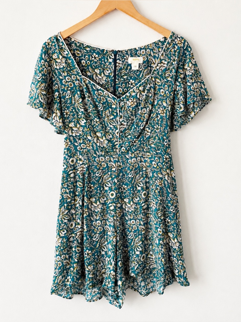 Maeve Anthropologie Floral Mini Dress Teal Flutter Sleeve Tie Back